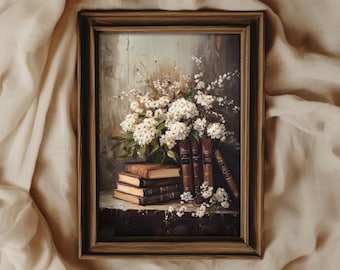 Moody Books and Flowers Vintage Style Painting | Elegant Dark Academia Decor | PRINTABLE | No. 706