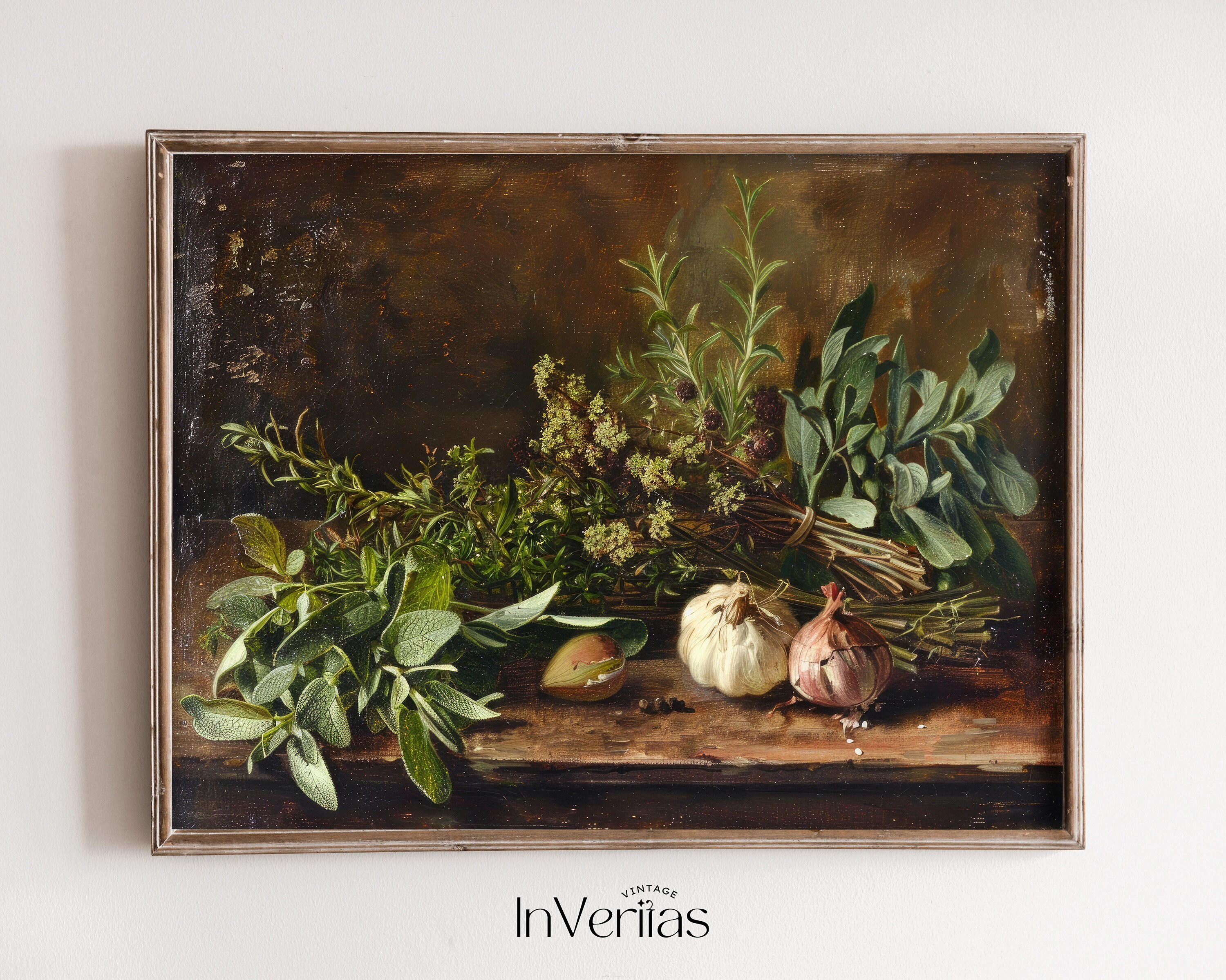 キッチンハーブ ヴィンテージ静物画 | ムーディーな農家風キッチン装飾