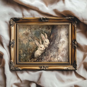 Kaniner i skogen - väggkonst med vintagekaniner | Påsk- och vårdekorationer för stugan | UTSKRIVBAR | Nr 791