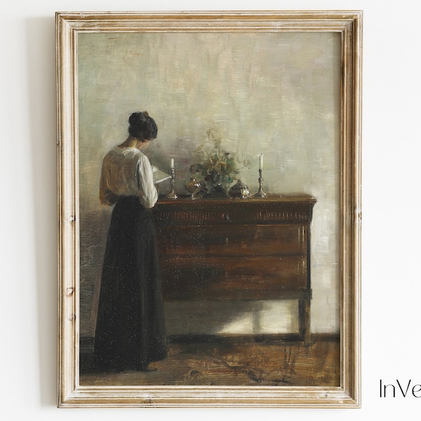 Vintage Moody Mujer Retrato Pintura / Mujer Leyendo Escena Interior / Decoración Clásica / IMPRIMIBLE / No. 85