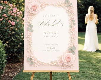 Cartello di benvenuto minimalista per addio al nubilato con rose rosa cipria (modificabile in Canva)