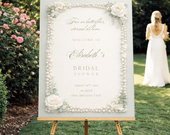 Elegante cartello di benvenuto per addio al nubilato con perle e rose: tema verde salvia (modificabile in Canva)