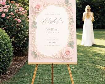 Blush Pink Rose & Pearls Bridal Shower Welcome Sign Template (Editable in Canva)