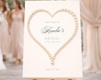 Elegante cartello di benvenuto per addio al nubilato con perle e cuore: (Modificabile in Canva)
