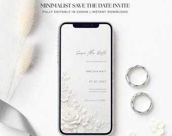 Minimalist Digital Save The Date, Clean White Smartphone Invite, Modern Wedding Text Message Invitation, Simple Electronic Announcement