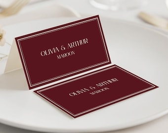 Burgundy Place Card Template: Flat & Folded Option, Editable in Canva, Instant Download