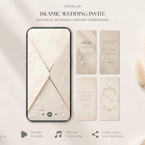 May include: A digital Islamic wedding invitation template set featuring a smartphone displaying an envelope with floral embossing, alongside four vertical cards with text including "ISLAMIC WEDDING INVITE," "EDITABLE IN CANVA," and "INSTANT DOWNLOAD."