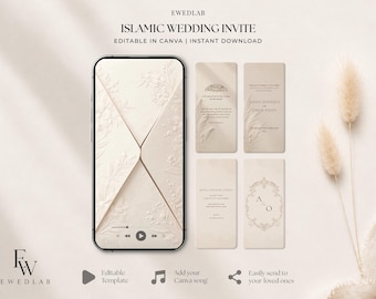 May include: A digital Islamic wedding invitation template set featuring a smartphone displaying an envelope with floral embossing, alongside four vertical cards with text including "ISLAMIC WEDDING INVITE," "EDITABLE IN CANVA," and "INSTANT DOWNLOAD."
