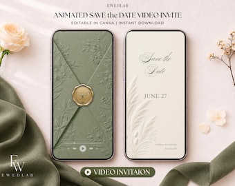 May include: Two smartphones displaying an animated save the date video invitation. The left screen shows a sage green envelope with a gold butterfly wax seal. The right screen shows a cream background with the text Save the Date June 27.