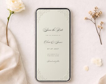 Invitación minimalista con diseño de hojas para anunciar la fecha de tu boda: Plantilla editable para dispositivos móviles (Descarga digital)