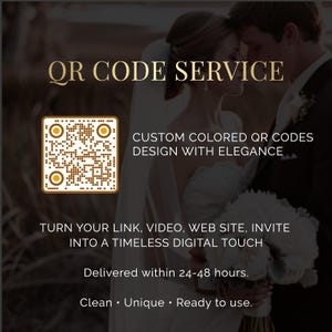 Könnte beinhalten: Werbung für einen QR-Code-Service für Hochzeiten. Das Bild zeigt einen QR-Code in Braun und Weiß mit dem Text "QR CODE SERVICE" und "CUSTOM COLORED QR CODES DESIGN WITH ELEGANCE". Der Service verwandelt Links in einen zeitlosen digitalen Touch.