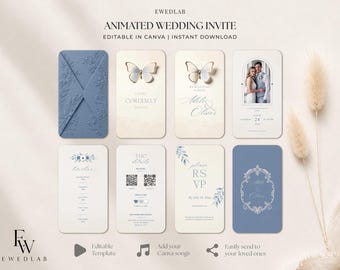 May include: An animated wedding invitation template set featuring eight vertical cards in blue and cream tones. Designs include a floral embossed envelope, butterfly graphics, a photo frame, a timeline, QR codes, and RSVP details with elegant typography.