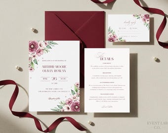 Burgundy Floral Wedding Invitation Suite: Printable Canva Template - Digital Download