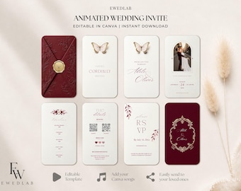 May include: An animated wedding invitation template set featuring a deep burgundy envelope with a gold wax seal, white cards with butterfly graphics, floral accents, QR codes, and elegant typography. The digital design includes placeholders for names, dates, and event details, all editable in Canva.