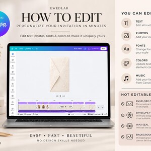 May include: A laptop screen displaying a Canva interface for editing an invitation template. The screen shows an envelope graphic, editing tools, and a timeline. Text on the right lists editable features like text, photos, fonts, colours, and music, and non-editable elements.