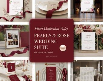 Elegant Burgundy Wedding Invitation Template Suite: Pearls Collection Editable Canva Template - OLIVIA