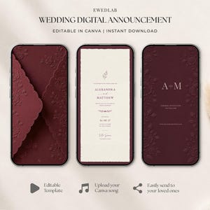 Könnte beinhalten: Drei Smartphones zeigen eine digitale Hochzeitsankündigungsvorlage. Die Bildschirme zeigen einen tiefburgunderroten Umschlag mit Blumenprägung, eine cremefarbene Einladungskarte mit Text und eine burgunderrote Karte mit den Initialen A und M.