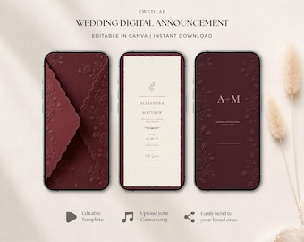 May include: Three smartphones displaying a digital wedding announcement template. The screens show a deep burgundy envelope with floral embossing, a cream-colored invitation card with text, and a burgundy card with the initials A and M.