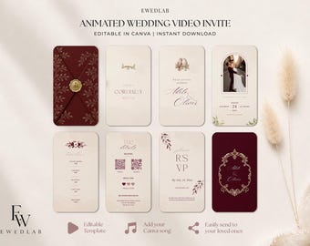 May include: An animated wedding video invitation template set featuring eight vertical cards in burgundy and cream. Designs include a wax seal envelope, photo frames, QR codes, and elegant typography. Text includes "We're getting married," "RSVP," and "The details."
