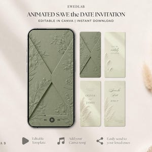 Könnte beinhalten: Eine animierte digitale "Save the Date"-Einladungsvorlage mit einem salbeigrünen Umschlag mit geprägten Blumendetails. Das Design enthält Textelemente mit den Aufschriften "You're cordially invited", "Save the Date", "Olivia & James" und "June 27".