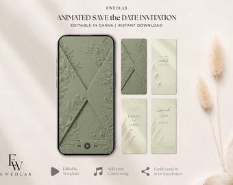 Puede incluir: Una plantilla de invitación digital animada "save the date" que presenta un sobre verde salvia con detalles florales en relieve. El diseño incluye elementos de texto que dicen "You're cordially invited", "Save the Date", "Olivia & James" y "June 27".