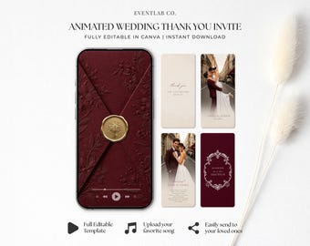 May include: A digital wedding thank you invitation template featuring a deep red envelope with a gold wax seal on a smartphone screen, alongside four vertical cards displaying photos of a couple and text including "THANK YOU FOR CELEBRATING WITH US".