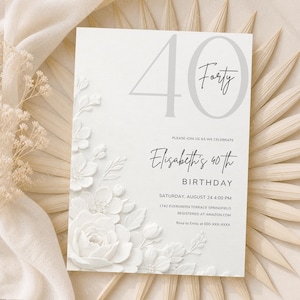 May include: A white invitation card with embossed floral details and the number "40" in gray. The text reads "Forty" and "Elisabeth's 40th Birthday" with event details. The card is set against a neutral, textured background.