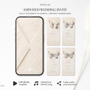 Op de afbeelding: Een geanimeerde trouwuitnodigingssjabloon weergegeven op een smartphonescherm en vier verticale kaarten, allemaal met een crèmekleurige achtergrond, reliëf bloemmotieven en een centrale vlindergrafiek met blauwe en gouden accenten.