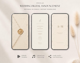 May include: Three smartphones displaying a digital wedding announcement template in cream tones. The screens show an envelope with a gold wax seal, names Alexandra and Matthew, and initials A and M. Text includes EWEDLAB WEDDING DIGITAL ANNOUNCEMENT.