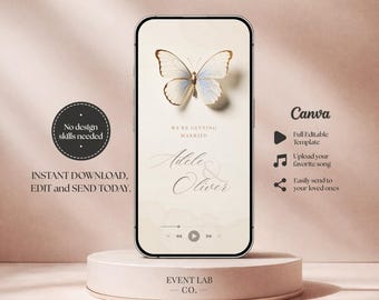 Invitación de boda en vídeo con elegante diseño de mariposa: invitación digital animada para guardar la fecha, descarga instantánea.