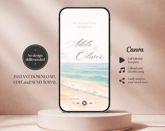 Elegante video invitación para boda en la playa: Plantilla digital para móvil, descarga instantánea