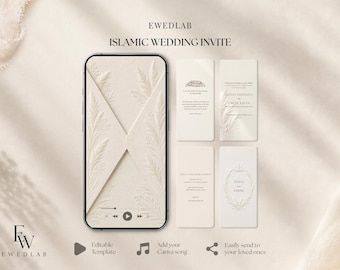 May include: A digital Islamic wedding invitation template displayed on a smartphone screen and four separate rectangular cards. The design features a cream-colored envelope with embossed botanical patterns, text details, and a music player interface.
