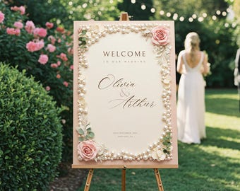 Elegant Pearl & Rose Wedding Welcome Sign: Printable Wedding Entrance Board, Multiple Sizes