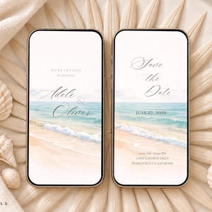 May include: Two smartphones displaying digital wedding invitations with a beach scene. The left screen reads We're Getting Married, Adele & Oliver. The right screen reads Save the Date, June 27, 2026, 11:00 AM - 07:00 PM, Love Gardens Villa, Pearlesville CA 1218 Miami.