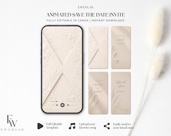 Puede incluir: Una plantilla de invitación animada de save the date mostrada en un teléfono inteligente y cuatro paneles verticales separados. El diseño presenta una paleta de colores beige con patrones florales en relieve, tipografía elegante y controles de reproducción.