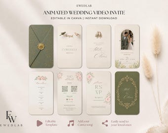 May include: An animated wedding video invitation template set featuring eight vertical cards in cream and olive green. Designs include an envelope with a wax seal, floral accents, bird illustrations, a photo frame, QR codes, and elegant typography.