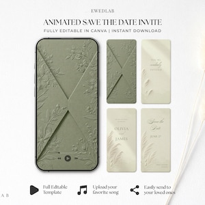 May include: An animated digital save the date invitation template displayed on a smartphone screen and four separate vertical panels in sage green and cream, featuring embossed floral patterns, text reading Olivia and James, and Save the Date.