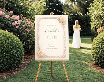 Luxury Peach Rose & Pearls Bridal Shower Welcome Sign Template (Editable in Canva)
