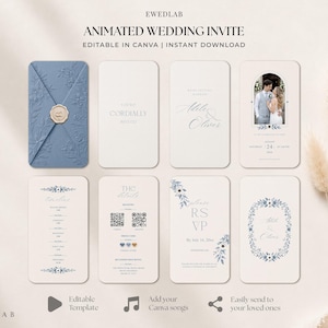 Puede incluir: Un conjunto de plantillas de invitación de boda animadas que incluye un sobre azul polvoriento con sello de cera y siete tarjetas digitales color crema con tipografía elegante, ilustraciones florales y códigos QR.