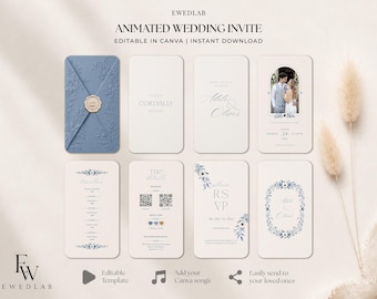 May include: An animated wedding invitation template set featuring a dusty blue envelope with a wax seal, and seven off-white digital cards with elegant serif typography, floral illustrations, a photo placeholder, and QR codes for event details.