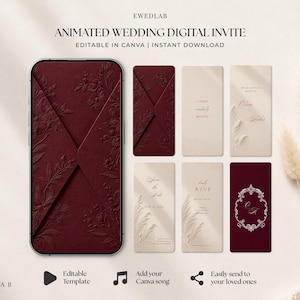 Pode incluir: Um conjunto de modelos de convite de casamento digital com um smartphone exibindo um envelope bordô profundo com detalhes florais em relevo, ao lado de cinco cartões verticais em tons de creme e bordô com tipografia elegante e molduras.