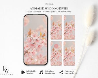 May include: An animated wedding invitation template displayed on a smartphone screen and four vertical cards, all featuring a soft pink cherry blossom background. The text reads You're Cordially Invited, Save The Date, Details, and RSVP.
