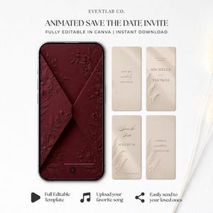 Pode incluir: Um modelo de convite animado save the date da Eventlab Co. com um smartphone exibindo um envelope floral vermelho escuro e quatro cartões digitais bege com texto incluindo Michelle and Thomas, August 26, e formal invitation to follow.
