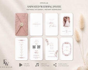 May include: An animated wedding invitation template set featuring a dusty rose envelope with a wax seal, and seven white digital cards with floral accents, text, QR codes, and a photo placeholder. The text includes "Animated Wedding Invite", "You're Cordially Invited", "Adèle & Oliver", "Timeline", "The Details", and "RSVP".