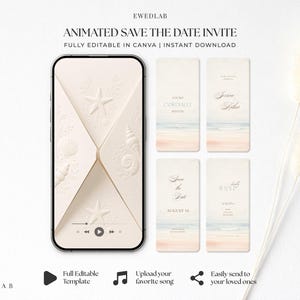 Op de afbeelding: Een smartphone toont een geanimeerde Save the Date-uitnodiging met een crèmekleurige envelop met reliëf van zeesterren en schelpen. Daarnaast staan vier verticale digitale kaarten met strandscènes en tekst zoals Save the Date, August 16 en RSVP.