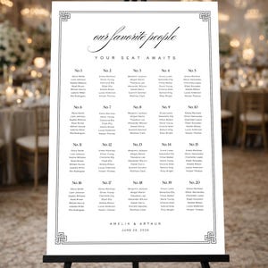 Modèle modifiable de plan de table de mariage art déco : plaque de notre personne préférée, décoration de réception élégante
