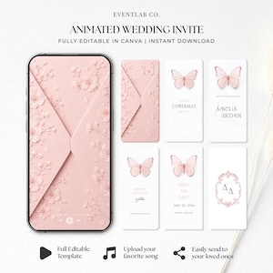 Könnte beinhalten: Eine animierte Hochzeitseinladungsvorlage mit einem rosa Umschlag mit Blumendetails auf einem Smartphone-Bildschirm, neben fünf vertikalen Karten mit rosa Schmetterlingen, eleganter Typografie und dem Text Amelia Arthur und June 27, 2026.