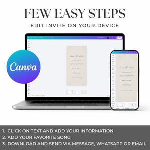 Puede incluir: Un ordenador port&aacute;til y un smartphone muestran una plantilla de invitaci&oacute;n digital en la interfaz de Canva. El texto dice FEW EASY STEPS, EDIT INVITE ON YOUR DEVICE, 1. CLICK ON TEXT AND ADD YOUR INFORMATION, 2. ADD YOUR FAVORITE SONG, 3. DOWNLOAD AND SEND VIA MESSAGE, WHATSAPP OR EMAIL.
