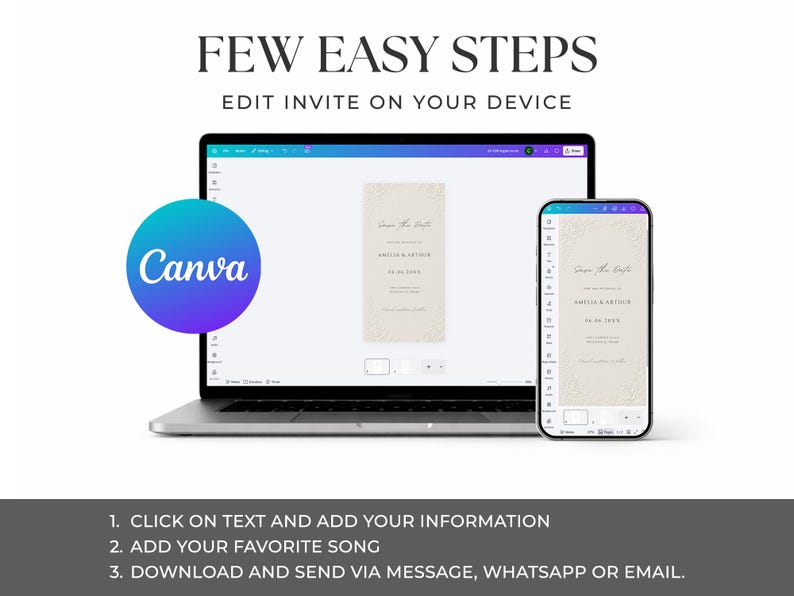 Puede incluir: Un ordenador port&aacute;til y un smartphone muestran una plantilla de invitaci&oacute;n digital en la interfaz de Canva. El texto dice FEW EASY STEPS, EDIT INVITE ON YOUR DEVICE, 1. CLICK ON TEXT AND ADD YOUR INFORMATION, 2. ADD YOUR FAVORITE SONG, 3. DOWNLOAD AND SEND VIA MESSAGE, WHATSAPP OR EMAIL.