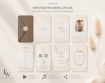 May include: An animated wedding invitation template set featuring a brown envelope with a wax seal and seven cream-colored digital cards. The cards display elegant typography, floral illustrations, QR codes, and a photo placeholder for a couple.